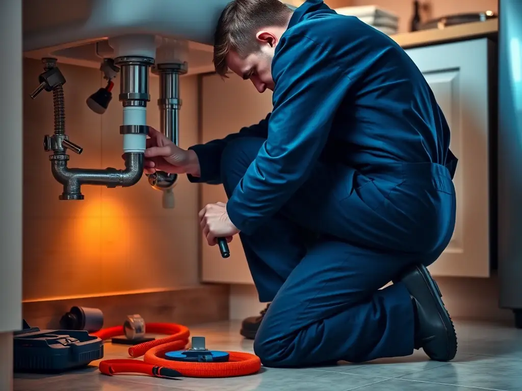 A skilled plumber fixing a leaky pipe under a kitchen sink, using professional tools and techniques to ensure a watertight seal, with an emphasis on preventing water damage.