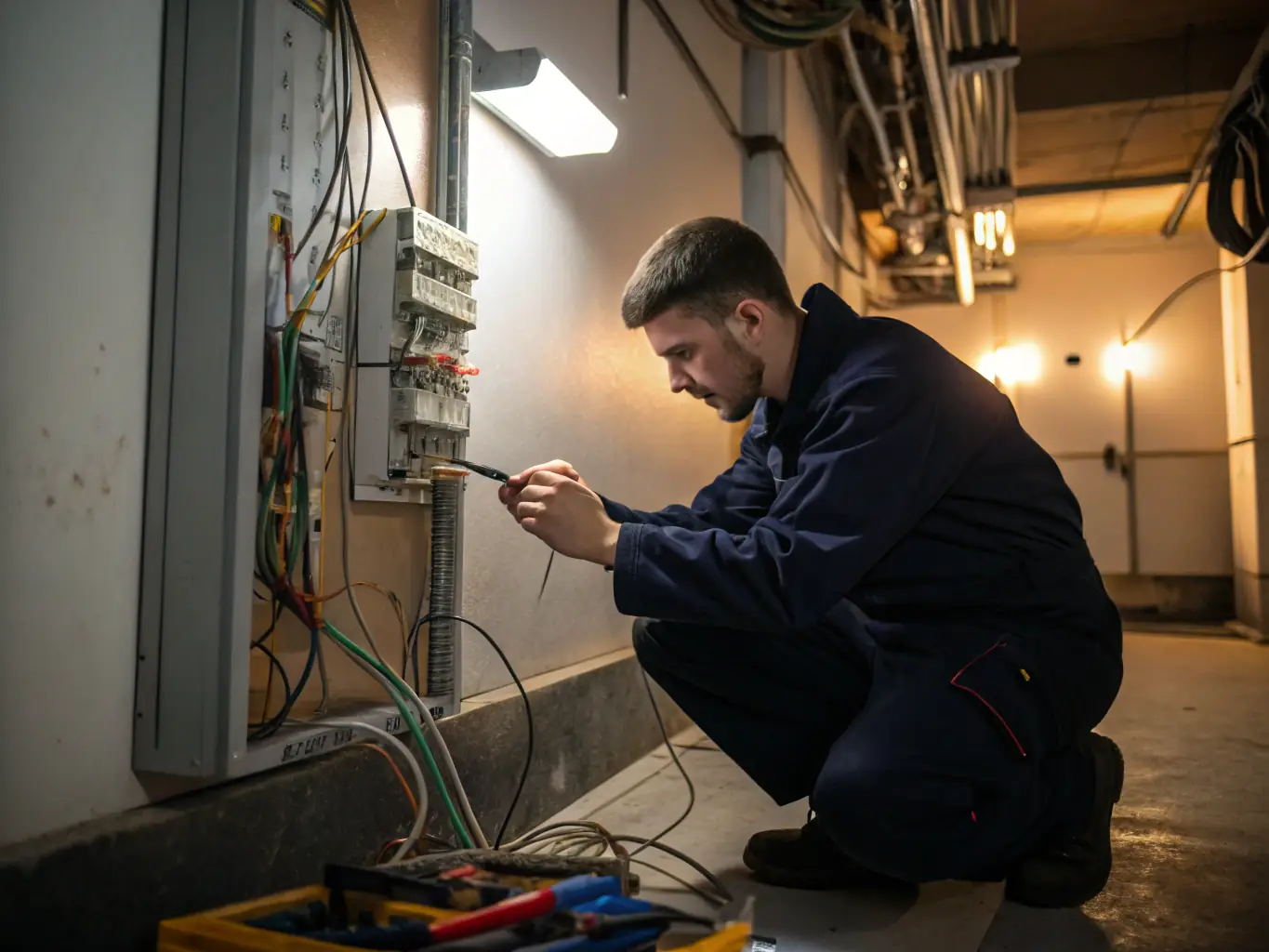 A certified electrician safely repairing electrical wiring in a residential setting, using professional tools and adhering to safety standards, with a focus on preventing electrical hazards.